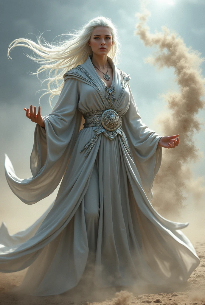 a woman with white hair, wearing gray clothes with silver details, using gray magic to control the surrounding winds and create dust devils