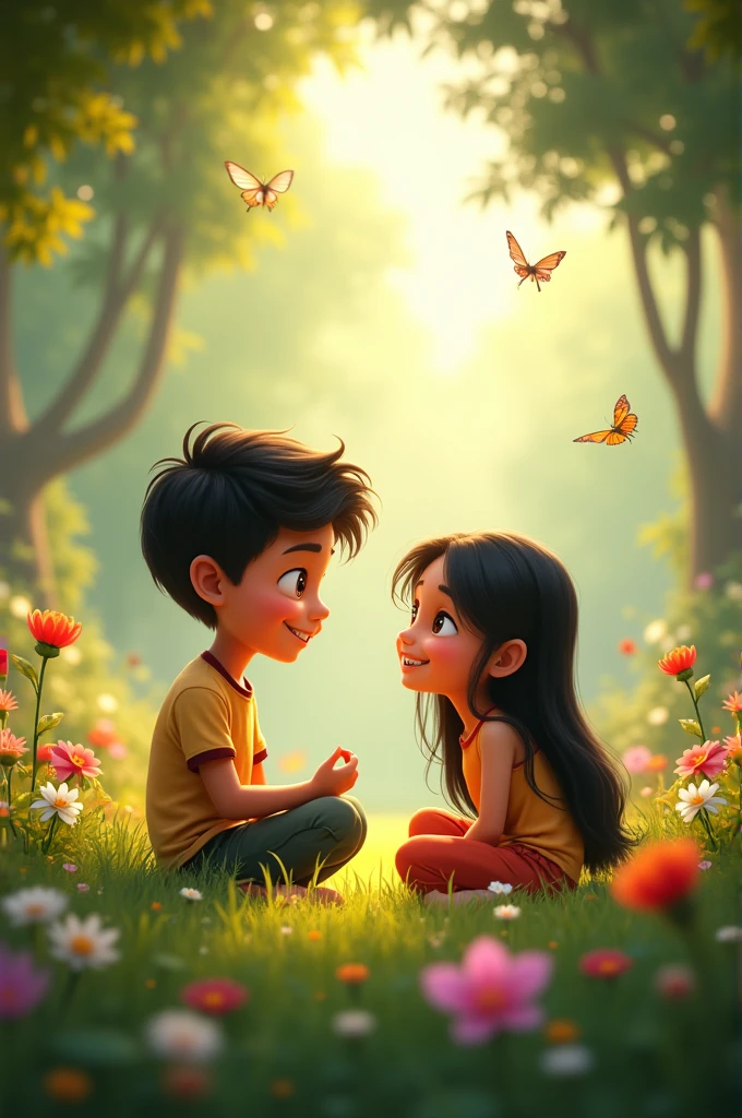 Generate image,a 1 boy'akshay'sit with 1 girl friend'chaya' in garden at morning