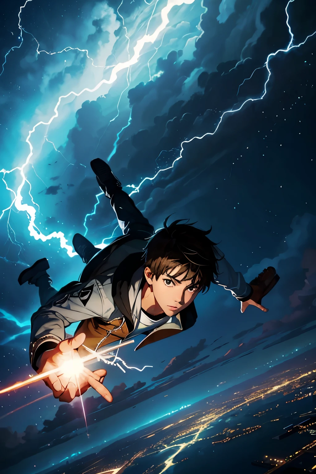 a teenage boy flying up with lightning around him