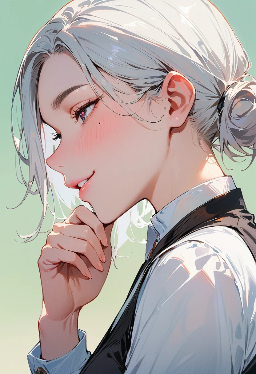 (masterpiece, best quality:1.4), 1 girl, 独奏, Heart-shaped pupils, Blurred eyes, Close your left eye, Smile, Profile,45° head tilt, Hold your chin with your right hand, Right tear mole, (Black long and short asymmetrical hairstyle:1.2), large breasts, Mini Girls, Vest, Black and white gradient background.