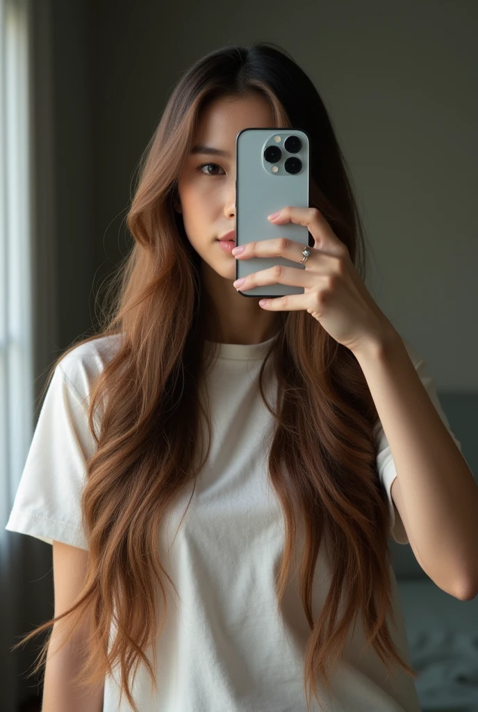 Woman taking a selfie in the mirror、Long Hair，The iPhone 12 Pro hides his entire face、I can&#39;t see your face、Beautiful woman、Full Body Shot、Wearing a t-shirt
