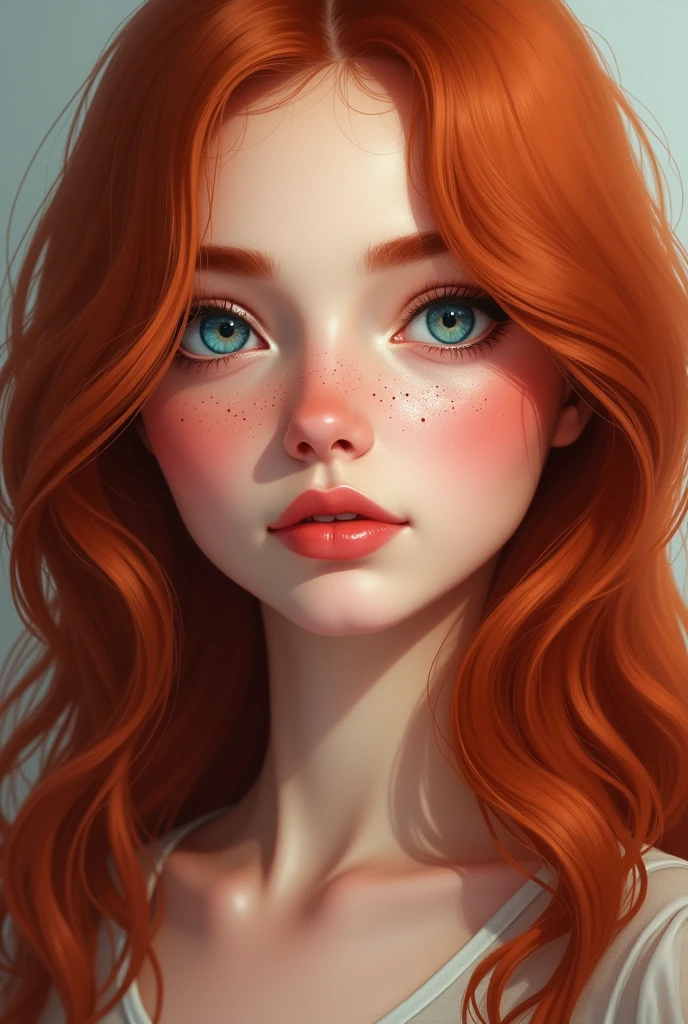 Young redhead woman with long hair, blue eyes, with small freckles on the nose with a human skin texture