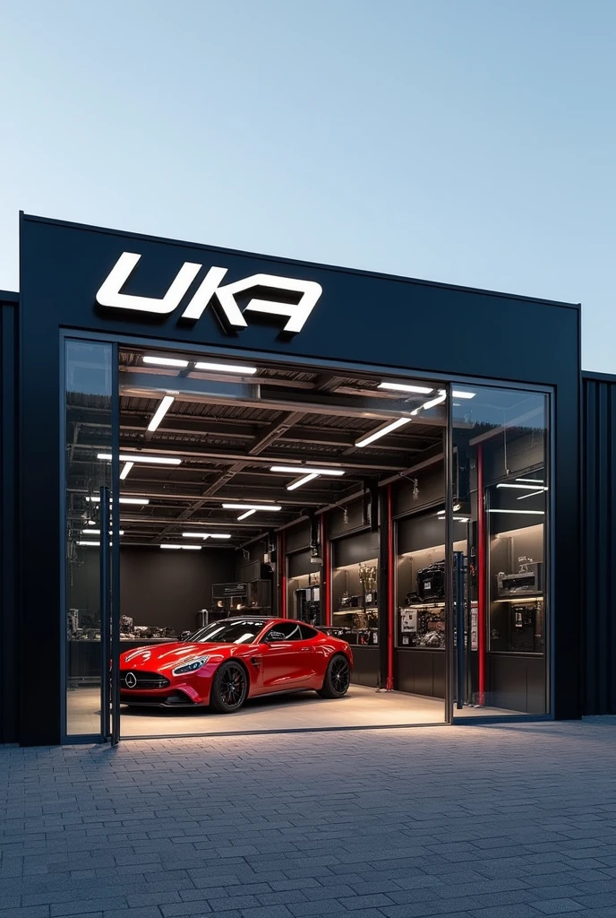 Create a detailed image of a high-end automotive workshop in Germany, named ‘Uka Performance Technik.’ The workshop has a sleek and modern exterior with a large glass facade that allows a clear view of the interior. The workshop’s logo, featuring the name ‘Uka Performance Technik,’ is prominently displayed above the entrance in bold, modern letters, possibly illuminated with LED lighting. The roof of the workshop features the ‘UKA’ emblem in the style of the AMG logo, large and clearly visible f