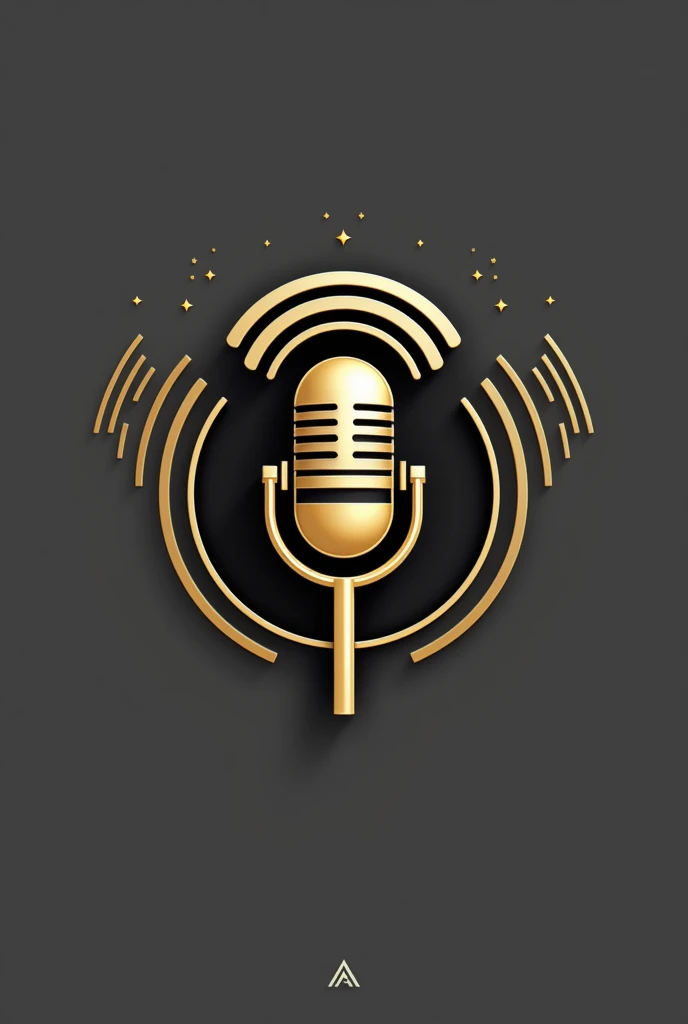 radio logo, Main elements: radial microphone and Letter A of Alpha, golden colors, black and white, Simple