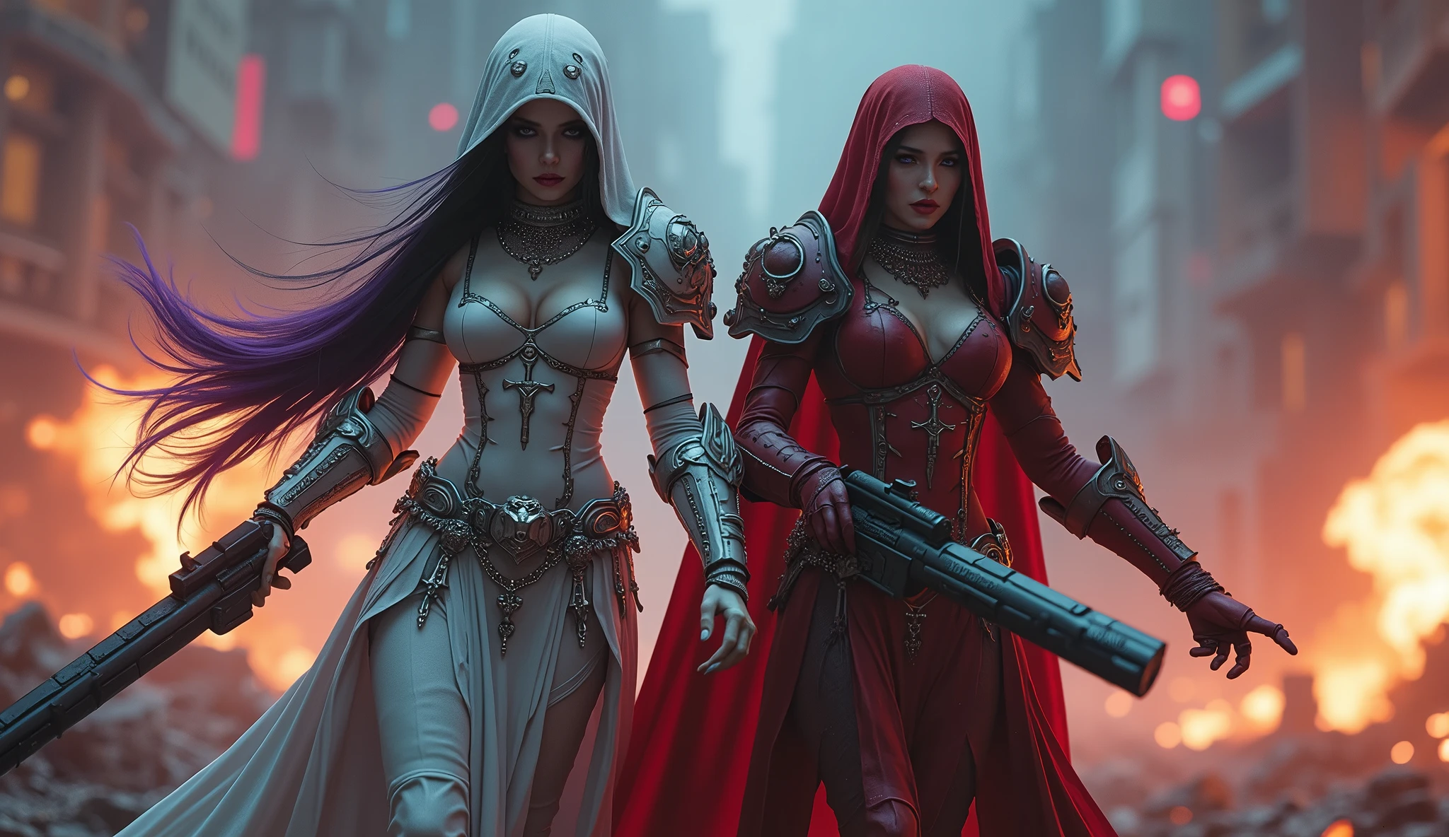 Full body pose sexy sisters of battle from the warhammer 40k, shooting at the enemy, white armor with intricate details, red armor with intricate details, religous symbols on the armor, sisters of battle, warhammer 40k, Massive silicone breast, pale skin, seductive, temptation, eat your soul, clevage, long flowing black hair with purple highlights, heavy gothic makeup, at night, neon, beautiful detailed eyes, beautiful detailed lips, extremely detailed eyes and face, long eyelashes, highly detailed armor, intricate futuristic weaponry, dramatic lighting, cinematic composition, muted color palette, gritty and realistic, mecha, science fiction, hyper-detailed, photorealistic, award winning digital art, 8k, HDR, masters work, in the middle of a battle field, full body combat action pose, explosions and fire around, full war, stunning, Stilleto heels, high heels, full body pose, cinematic, movie trailer, final stand!, nemesis, ready to strike, dust and debree, combat screams, attacking, shooting at the enemy, running forward, last line of defense, charging, fanatic, religious, templar knights, sisters of battle, warhammer 40k, shooting at the enemy, correctly holding the weapons, futuristic weapons