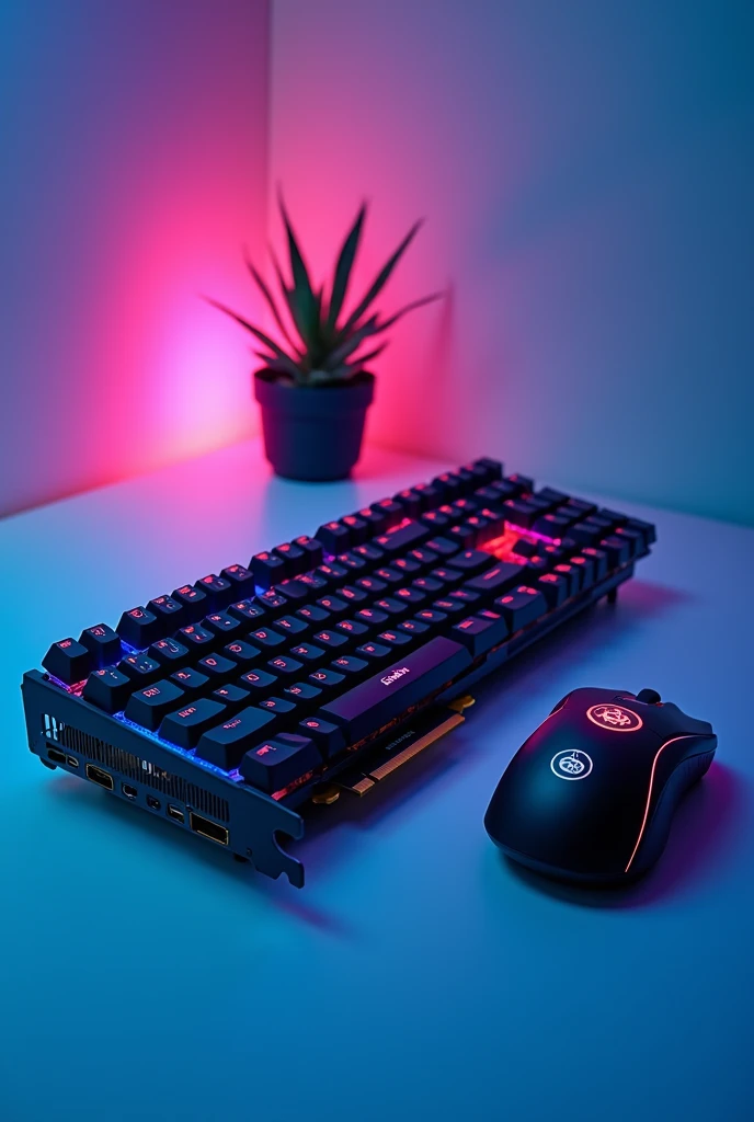 An image where there is a graphic card, ram mouse and gamer keyboard, but facebook post style
