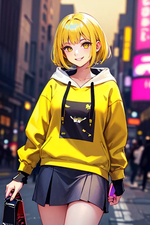 ((masterpiece)), (((best quality))), chromatic lighting,
colorized, yellow + black limited color palette,
detailed concept drawing,
Shibuya street girl, cyberpunk, futuristic, posing,
portrait, 20yo 1girl, medium soft breasts, slender, hoodie, skirt, yellow hair, yellow eyes, smiling