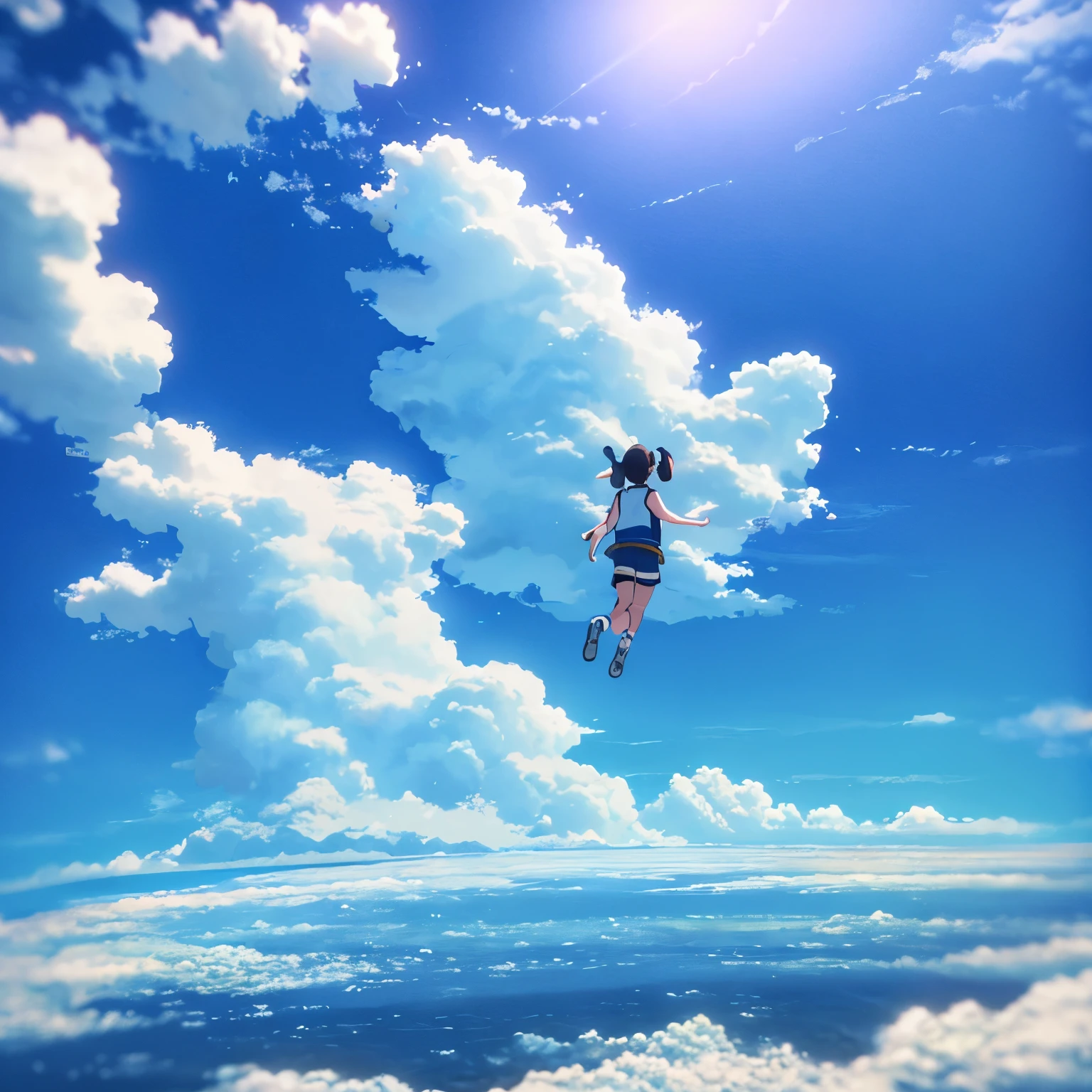 Weathering With You、Sleeveless jacket、Xin Haicheng、Floating gracefully、Back view、Twin tails、Twin tails are fluffy、No sleeve、Hooded、Floating in the sky、Shorts、Loose socks、blue sky、cloud、Stereo、3d、Blue Sky、high resolution、Ultra-high resolution、Ultra high color、panorama、Wide angle、Wide、horizontal line、curve、Stereo cloud、Floating gracefully、weightless pose、