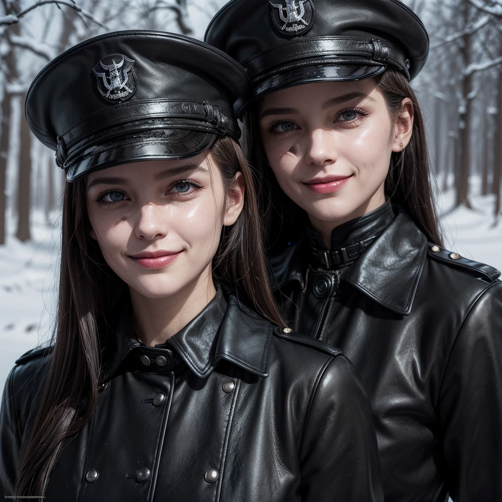 comely ((Grinning)) confidence posing in (dynamic pose) as a WWII diesel punk army officer, black leather uniform with collar and leather military hat, photo referenced, mais high qualiy, high qualiy, (detailed face and eyes), twilight lighting,, strong makeup, industrial, outdoor snow forest background   ((close up))   