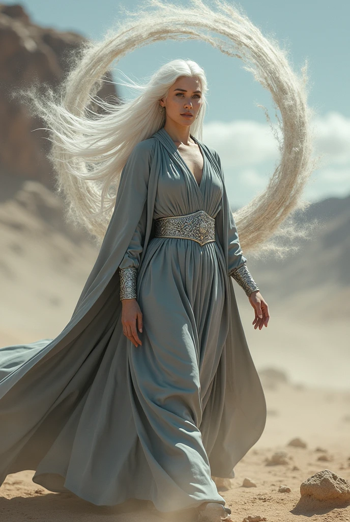 a woman with white hair, wearing gray clothes with silver details, using gray magic to control the surrounding winds and create dust devils