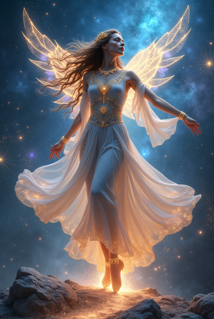 ((Celestial Dancer:1.4)),(( (fantasy art style:1.4))), (masterpiece:1.4, best quality), (photo realistic:1.4), graceful figure dancing amidst the stars, flowing robes adorned with constellations and cosmic dust, intricate and delicate jewelry glimmers with starlight, (ethereal and captivating expression:1.2), long, flowing hair that moves with the rhythm of the universe, celestial wings shimmering with iridescent hues, dynamic and fluid pose, dancing on a shimmering path of stardust, (deep space background:1.4), (vibrant nebulae:1.2), (glowing stars:1.2), rich textures, (radiant light) and shadow, (deep blues:1.2), (purples:1.2), (golden highlights:1.2), high-quality and detailed, enchanting atmosphere, otherworldly beauty, mesmerizing features, transcendent and unique, perfect image quality, divine and magical presence