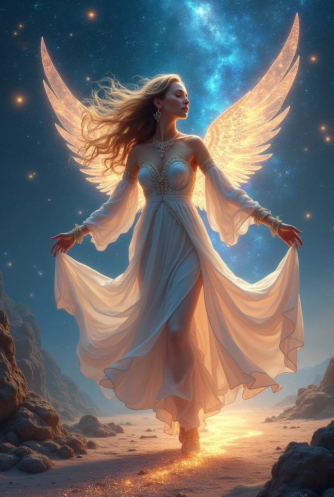 ((Celestial Dancer:1.4)),(( (fantasy art style:1.4))), (masterpiece:1.4, best quality), (photo realistic:1.4), graceful figure dancing amidst the stars, flowing  adorned with constellations and cosmic dust, intricate and delicate jewelry glimmers with starlight, (ethereal and captivating expression:1.2), long, flowing hair that moves with the rhythm of the universe, celestial wings shimmering with iridescent hues, dynamic and fluid pose, dancing on a shimmering path of stardust, (deep space background:1.4), (vibrant nebulae:1.2), (glowing stars:1.2), rich textures, (radiant light) and shadow, (deep blues:1.2), (purples:1.2), (golden highlights:1.2), high-quality and detailed, enchanting atmosphere, otherworldly beauty, mesmerizing features, transcendent and unique, perfect image quality, divine and magical presence
