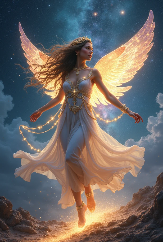 ((Celestial Dancer:1.4)),(( (fantasy art style:1.4))), (masterpiece:1.4, best quality), (photo realistic:1.4), graceful figure dancing amidst the stars, flowing robes adorned with constellations and cosmic dust, intricate and delicate jewelry glimmers with starlight, (ethereal and captivating expression:1.2), long, flowing hair that moves with the rhythm of the universe, celestial wings shimmering with iridescent hues, dynamic and fluid pose, dancing on a shimmering path of stardust, (deep space background:1.4), (vibrant nebulae:1.2), (glowing stars:1.2), rich textures, (radiant light) and shadow, (deep blues:1.2), (purples:1.2), (golden highlights:1.2), high-quality and detailed, enchanting atmosphere, otherworldly beauty, mesmerizing features, transcendent and unique, perfect image quality, divine and magical presence