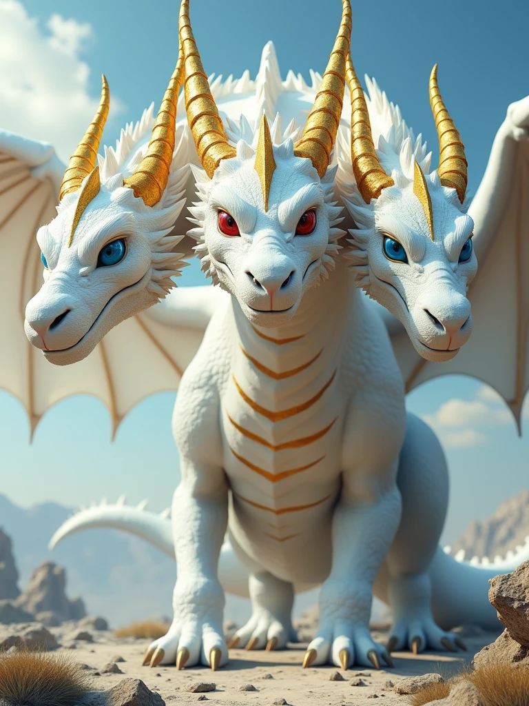 (Best quality)A colossal dragon, white in color, (which has 3 heads, a head with a blue eye, a head with a red eye, a head with a blue eye),(it has long gleaming golden horns), (he has 3 pairs of wings(3 wings in both sides)), with golden stripes on the wings