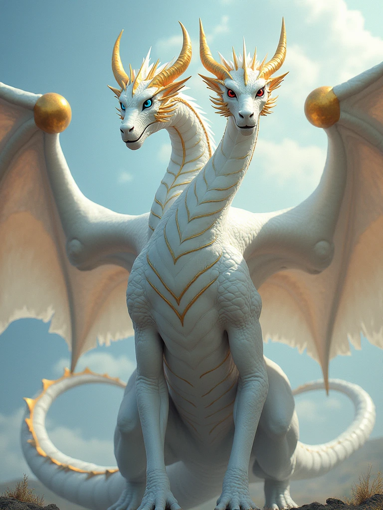 (Best quality)A colossal dragon, white in color, (which has 3 heads, a head with a blue eye, a head with a red eye, a head with a blue eye),(it has long gleaming golden horns), (he has 3 pairs of wings(3 wings in both sides)), with golden stripes on the wings