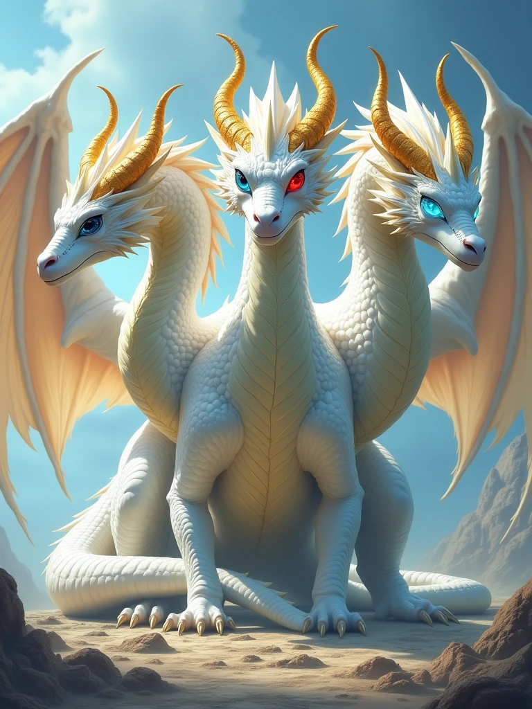 (Best quality)A colossal dragon, white in color, (which has 3 heads, a head with a blue eye, a head with a red eye, a head with a blue eye),(it has long gleaming golden horns), (he has 3 pairs of wings(3 wings in both sides)), with golden stripes on the wings