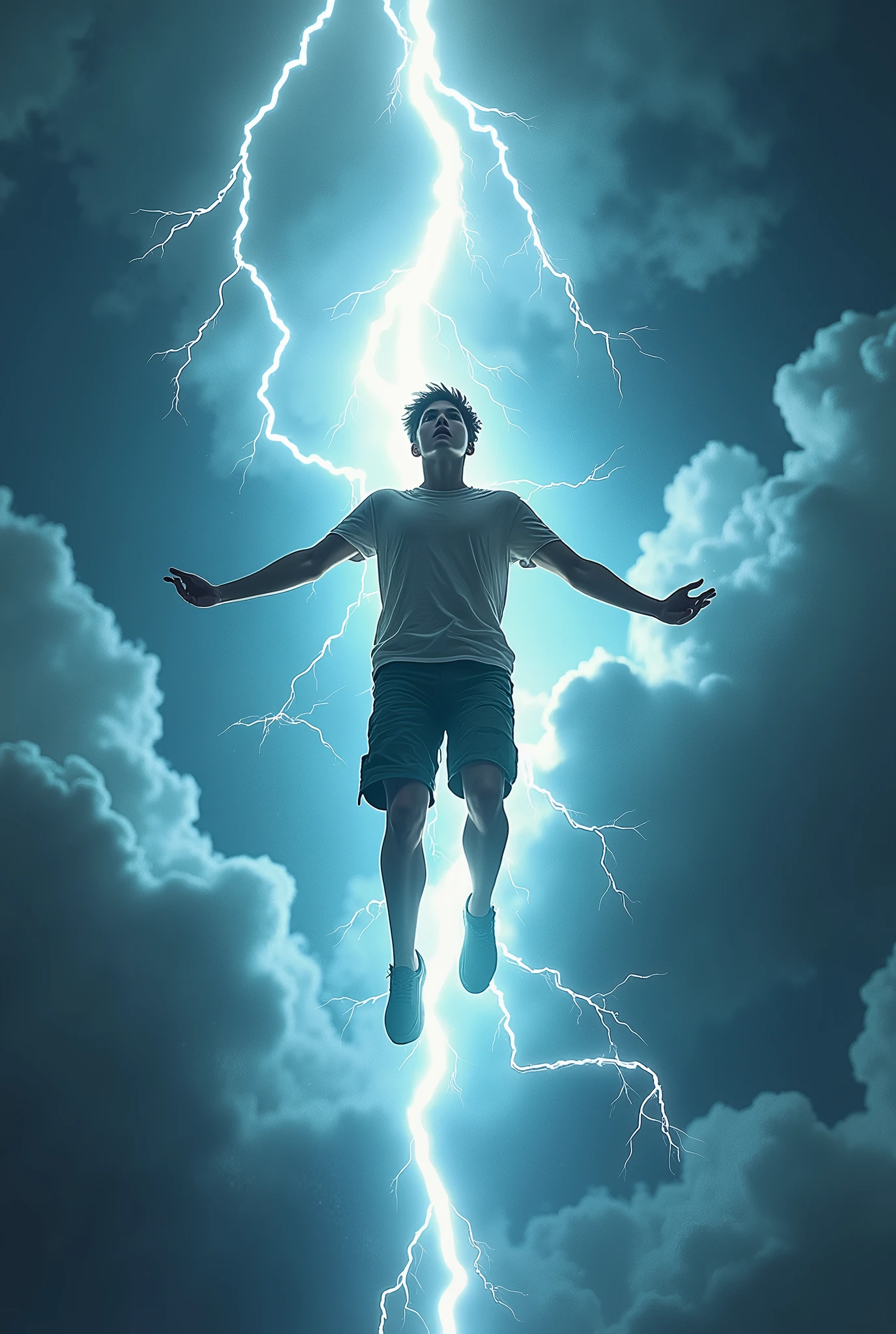 a teenage boy flying up with lightning around him