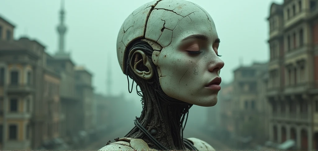 (art by ken currie:1.1), a female, sharper details, realistic, high details, soft shadows, cinematic, hdr, dust clouds, ruins on the background, horror