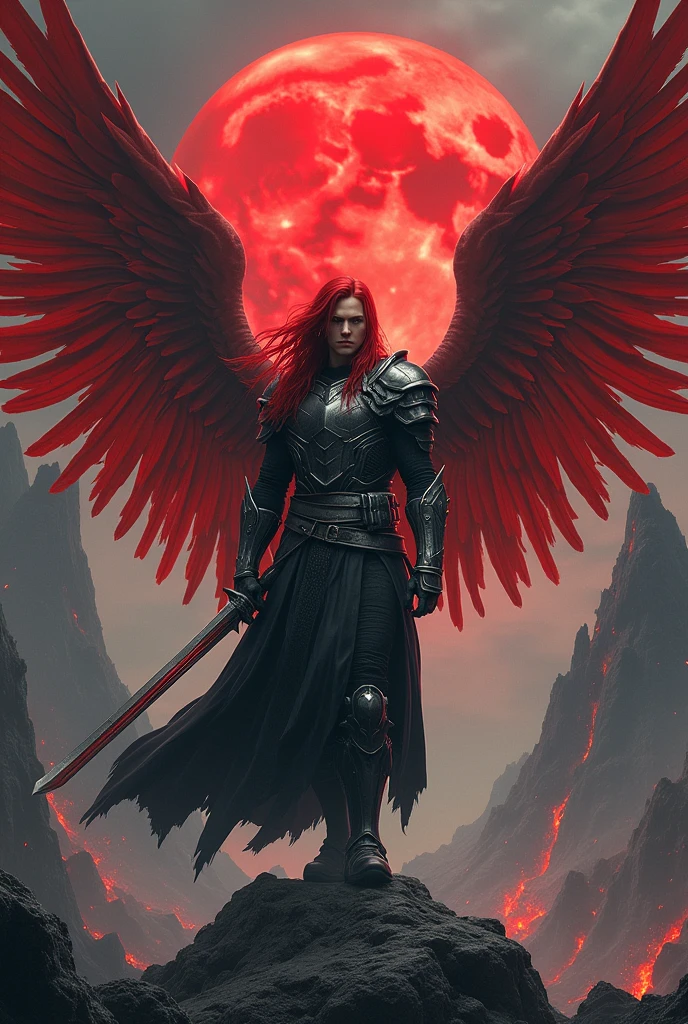 Male warrior angel with matte dark gray armor clothes and red wings and long straight red hair, very apocalyptic rock background, and red moon next to a volcano in Japanese manga style, young, very masculine, not very strong face with metallic gray sword