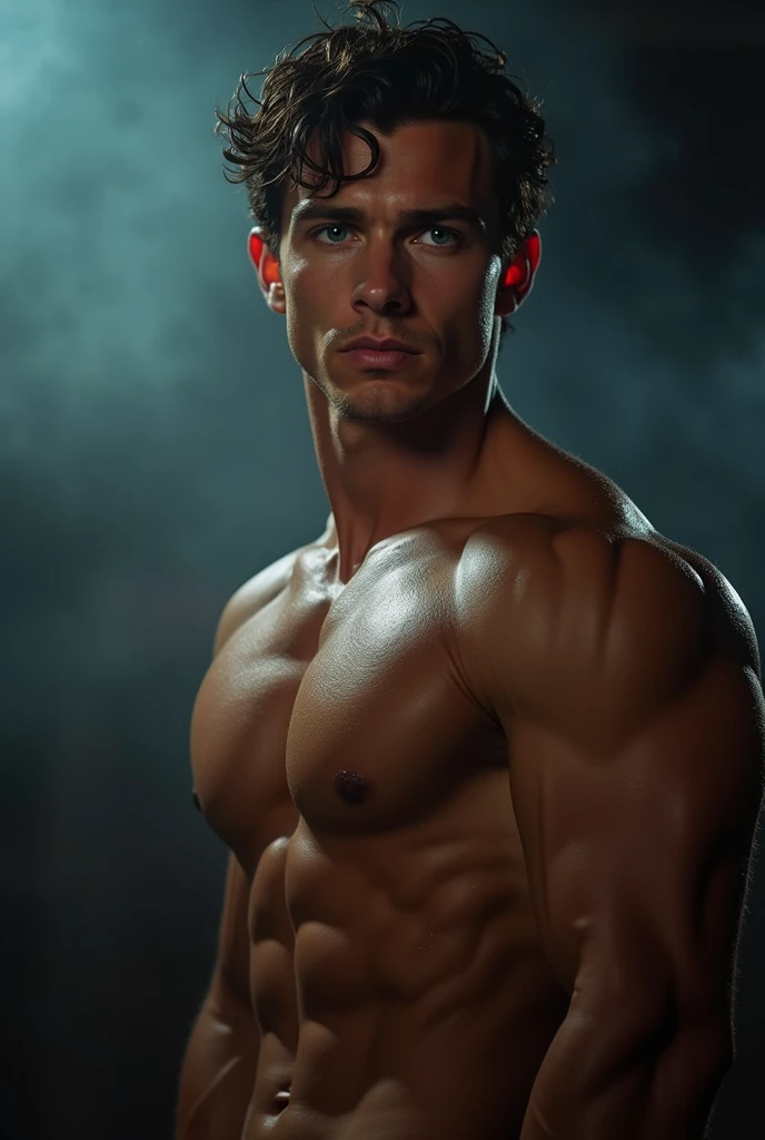 (best quality, highres, realisti:1.37), tom holland, Huge muscles, with bare upper body, Good looking, sexly, detailed facial features, intense blue eyes, chiseled jawline, defined abdominal muscles, Glittering sweat, Intense lighting, Bodybuilder physique, captivating look