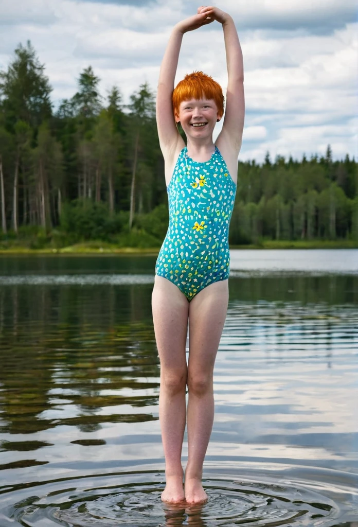 Happy skinny ginger-sweden youngs kids with short ginger hair, dressed in a light short 2-peace swimsuit, happy to show hers, on a scorching summer day, in the lagoon do a handstand longer together