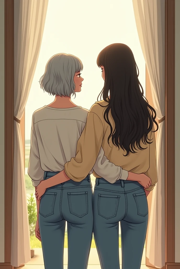 An older woman in a blouse next to a younger woman with long hair and jeans, both standing in front of an open door. back view. manga style