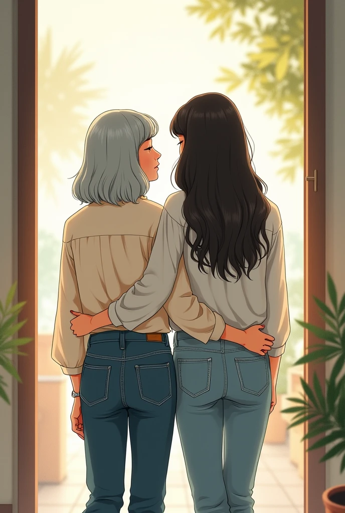 An older woman in a blouse next to a younger woman with long hair and jeans, both standing in front of an open door. back view. manga style