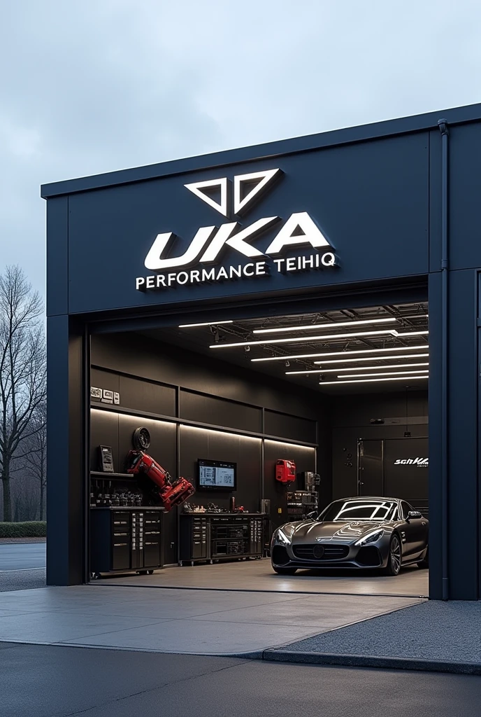 Create a detailed image of a high-end automotive workshop in Germany, named ‘Uka Performance Technik.’ The workshop has a sleek and modern exterior with a large glass facade that allows a clear view of the interior. The workshop’s logo, featuring the name ‘Uka Performance Technik,’ is prominently displayed above the entrance in bold, modern letters, possibly illuminated with LED lighting. The roof of the workshop features the ‘UKA’ emblem in the style of the AMG logo, large and clearly visible f