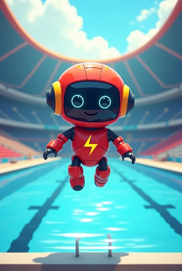 Create an Olympic mascot of a character doing a vertical dive into an Olympic pool, It must be a cute robot that has the colors red and yellow and on its chest it must have a lightning bolt logo.