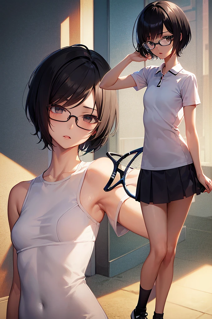 masterpiece, best quality,anime style, 1 girl,(((slender body))), (((small eyes))),(((tennis uniform,glasses))), (beautiful face), (((short hair))), (((straight hair))), ((((black hair)))),detailed beautiful skin, (perfect hands, perfect anatomy),scream