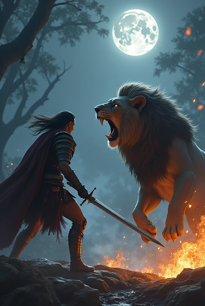 Lion and man are fighting at night 
