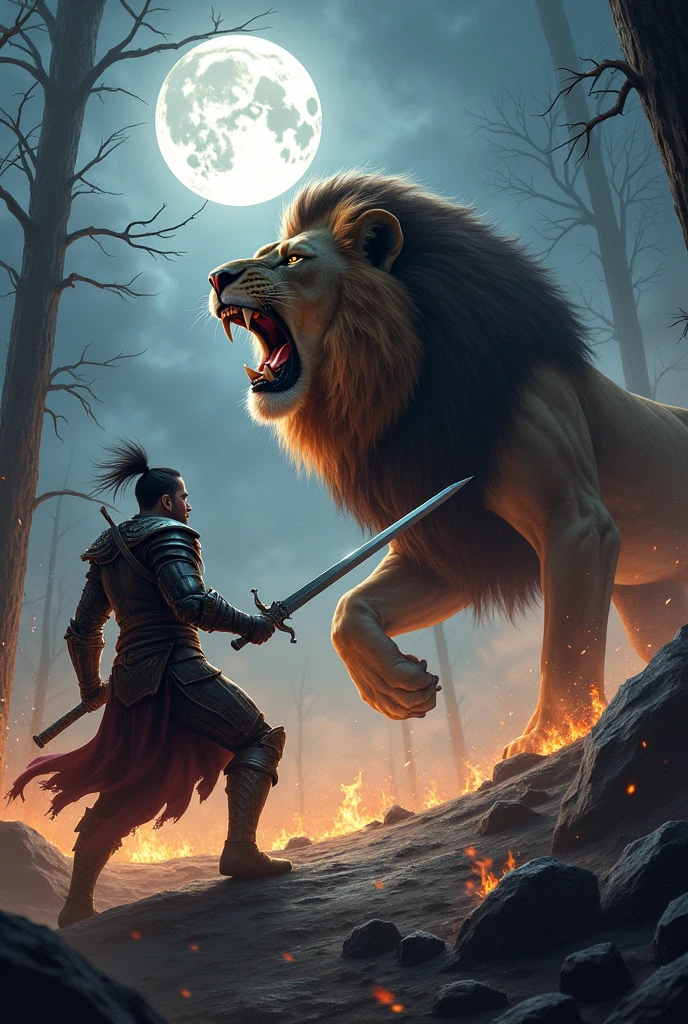 Lion and man are fighting at night