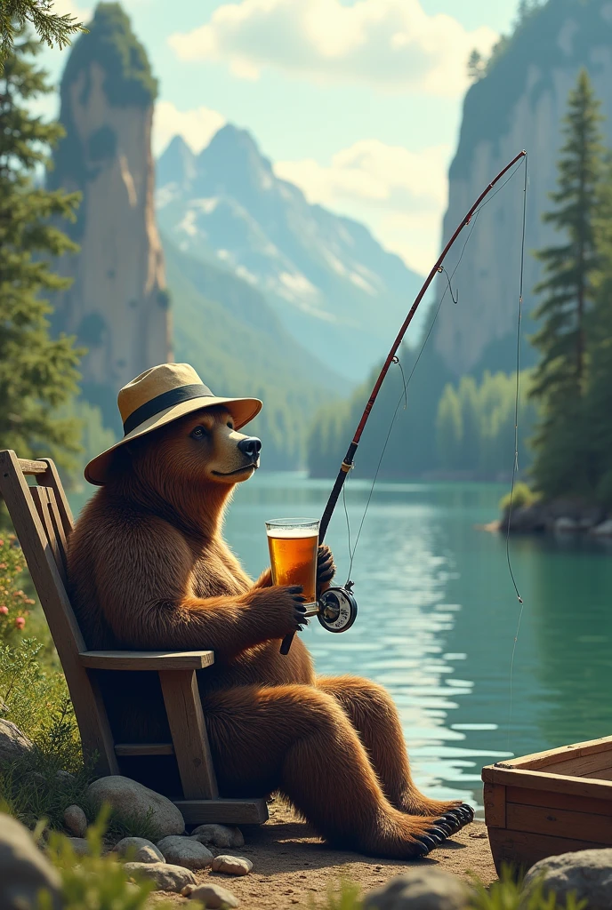 A fishing bear with his fishing rod, well defined:1.3, sitting on a chair by a river, holding a fishing rod, drinking a beer, wearing a bucket hat, boat nearby, surrounded by a forest and rocks, extremely detailed, funny, satirical surreal scene.