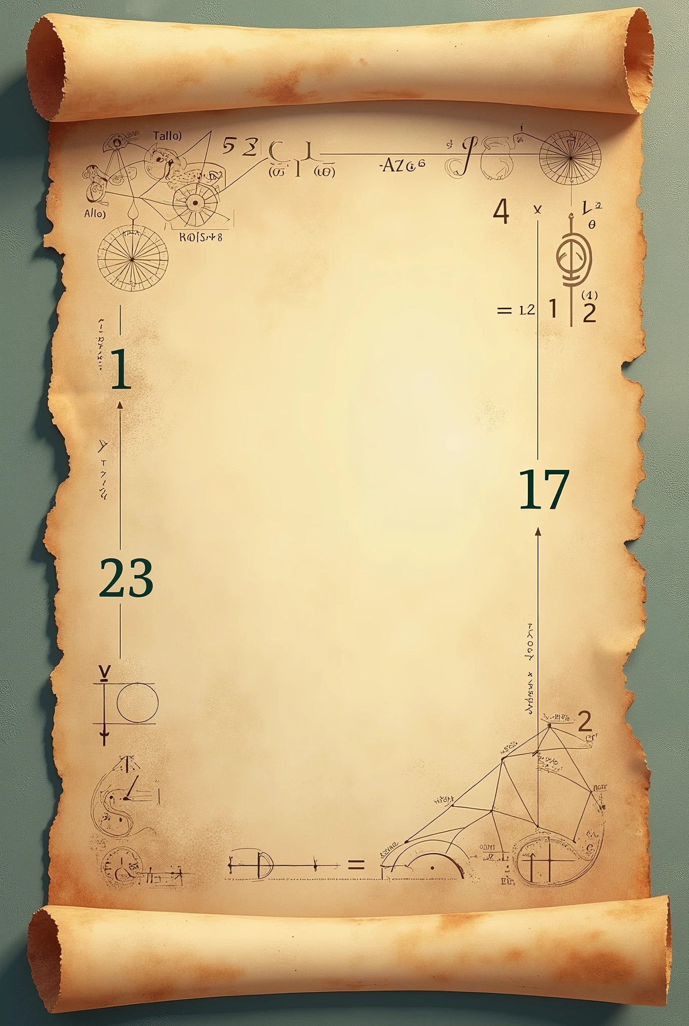 At the top or corner of the page, mathematical symbols could appear, prime numbers, or a representation of RSA encryption formulas in a color that contrasts smoothly with the papyrus background.
Papyrus paper can have a smooth texture, with slightly worn edges, remembering an old document.
in background whith, in a very subtle way, você poderia ter uma sequência de prime numbers, as if they were discreet watermarks.
Cryptographic graphs and networks can be drawn as thin lines overlaying the background, representing the connections of number theory with digital security.