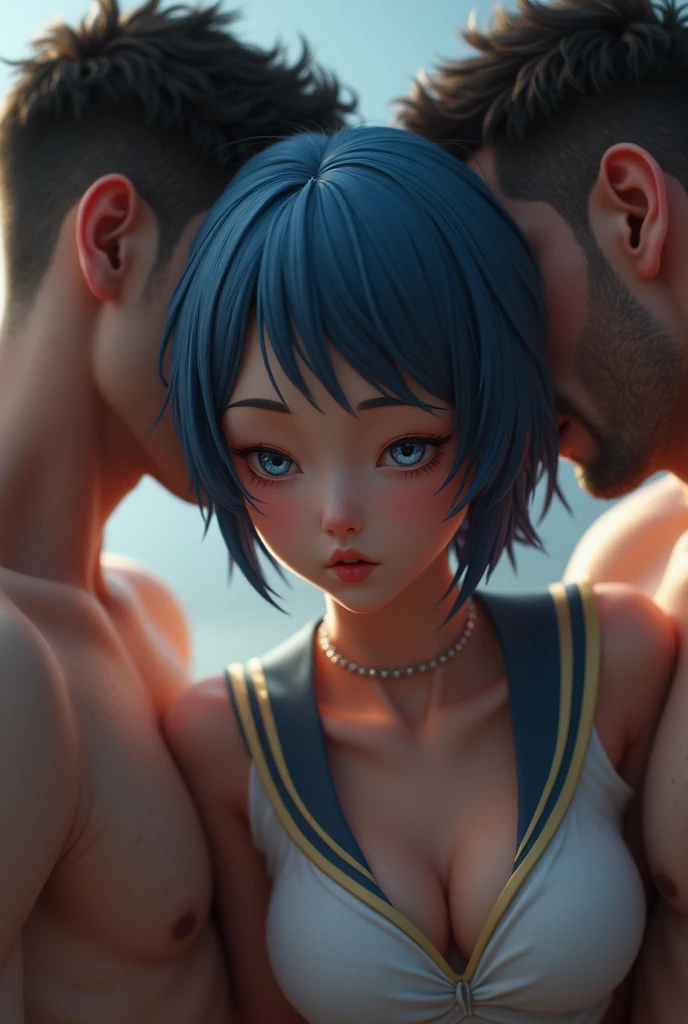 (photorealistic:1.4), professional photography, masterpiece, best quality, award winning photo, cinematic lighting, photon mapping, film grain, face focus, nsfw, dp, sailor mercury getting by two men, vaginal, orgasming, enjoying the pain, breathless, eyes rolling, 1girl as sailor mercury, short blue hair, E cup breasts, sagging breasts, narrow waist, necklace, hair ornaments,