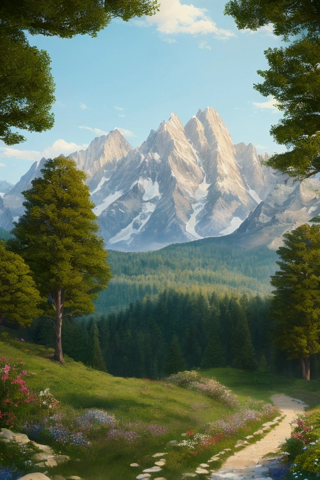(masterpiece:1.2,Exceptional, Cinematic Experience),8k,wallpaper, Mountain with trees and flowers, Scenery