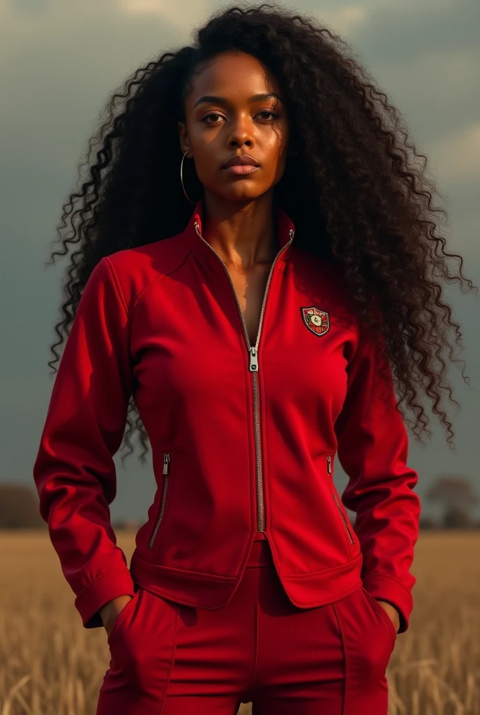 Long curly beautiful Kenyan woman. Hero outfit color Red. She wears a jacket but as heroic outfit. Hands logo on her outfit. Realistic