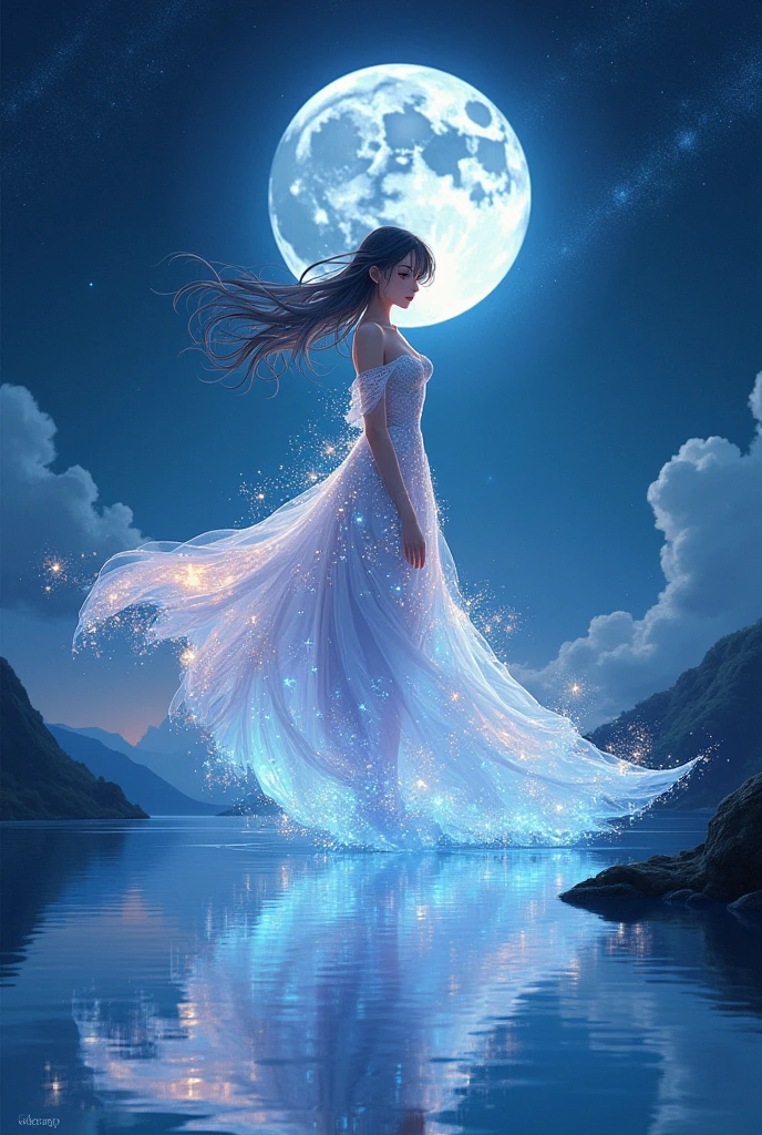 Une beauté très condensée habillée d&#39;une peinture d&#39;étoiles et de lunes dans la rivière et le ciel, art conceptuel inspiré de Tosa Mitsuoki, gagnant du concours pixiv, Meilleure qualité, art fantastique, belles scènes d&#39;anime, un rond de lune brillante, ciel étoilé environment in the moonlight, Peinture de rêve, fond d&#39;anime art, art du paysage de rêve, nuit fantastique, fond d&#39;anime, oeuvre d&#39;arrière-plan, Art fantastique, animé atmosphérique, ciel étoilé, Amélioration des détails.  