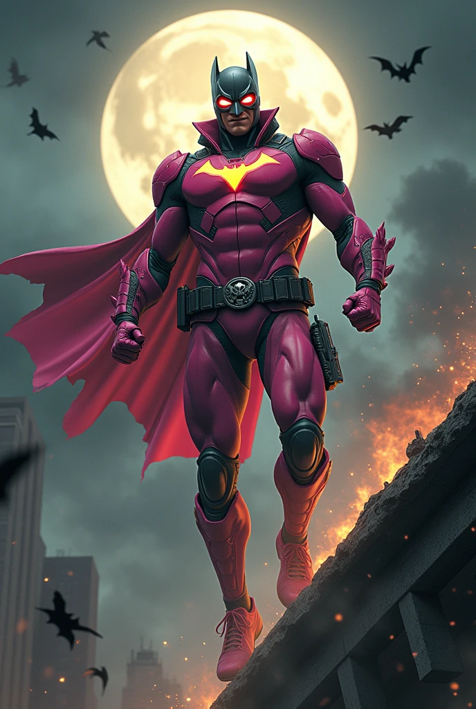 Malaysia man in high-tech suit, vivid effects, malaysian superhero (KELUANG MAN) in a striking pink and beige costume cyberpunk design, mask small mini bat ear beige, daredevil beige mask, jumpsuit dark pink stands confidently in a dramatic.jumping from high place.hero costume.one hand rise up. Big triangle logo on the chest.high detail Punisher logo on the chest. Fighting pose , stormy landscape. ((Head covered node guard like batman. Running pose , athletic body type, small mini ear bat mask))The character wears domino mask a helmet with pointed mini torn ears and a flowing cape biege, open nose and mouth. Equipped with visible futuristic weapons on a belt,bullet proof jacket pink dark day.show fingers pose, dark night, big supermoon effect . Small logo on chest triangle shape small punisher logo center(( skull triangle Casey Jones mask shape logo)) center on chest pink logo mini logo . rocky. Building top.smoke ground , bomb effect background, losse pants, losses costume.adding to --ar 3:4 --style raw --stylize 500 --v 6.1. chaos. Lot of small flying bat. One leg on the high stone. Man . Real man age 40 year old. One hand holding belt.one hand holding black rope hanging on building. Big pant pink. Beige cape joodie. Loose pant