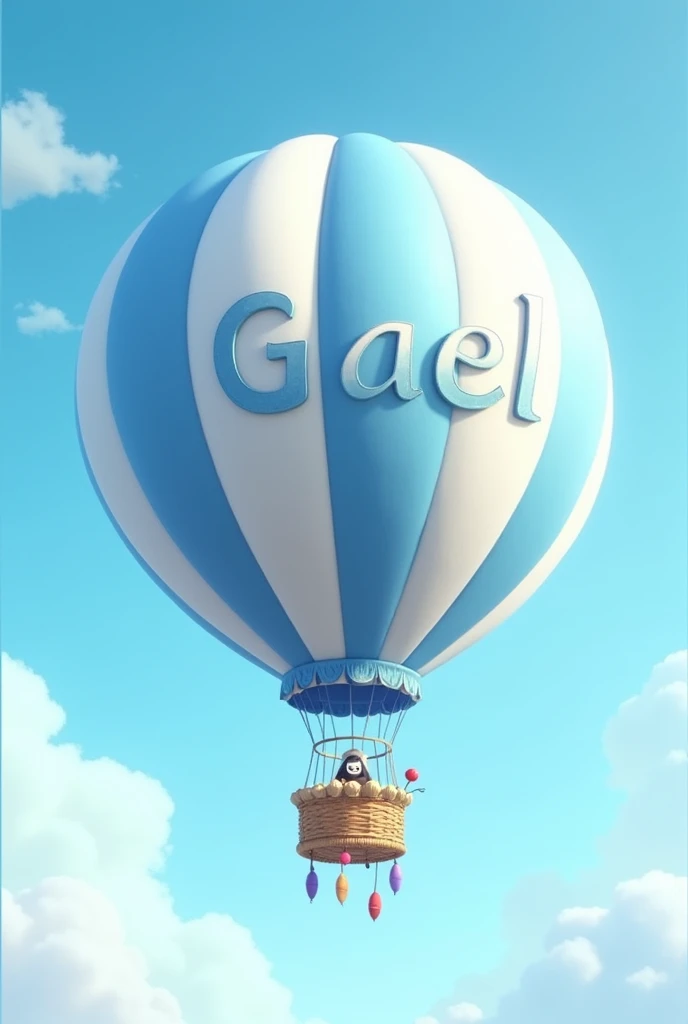 blue and white animated hot air balloon that says "Gael"