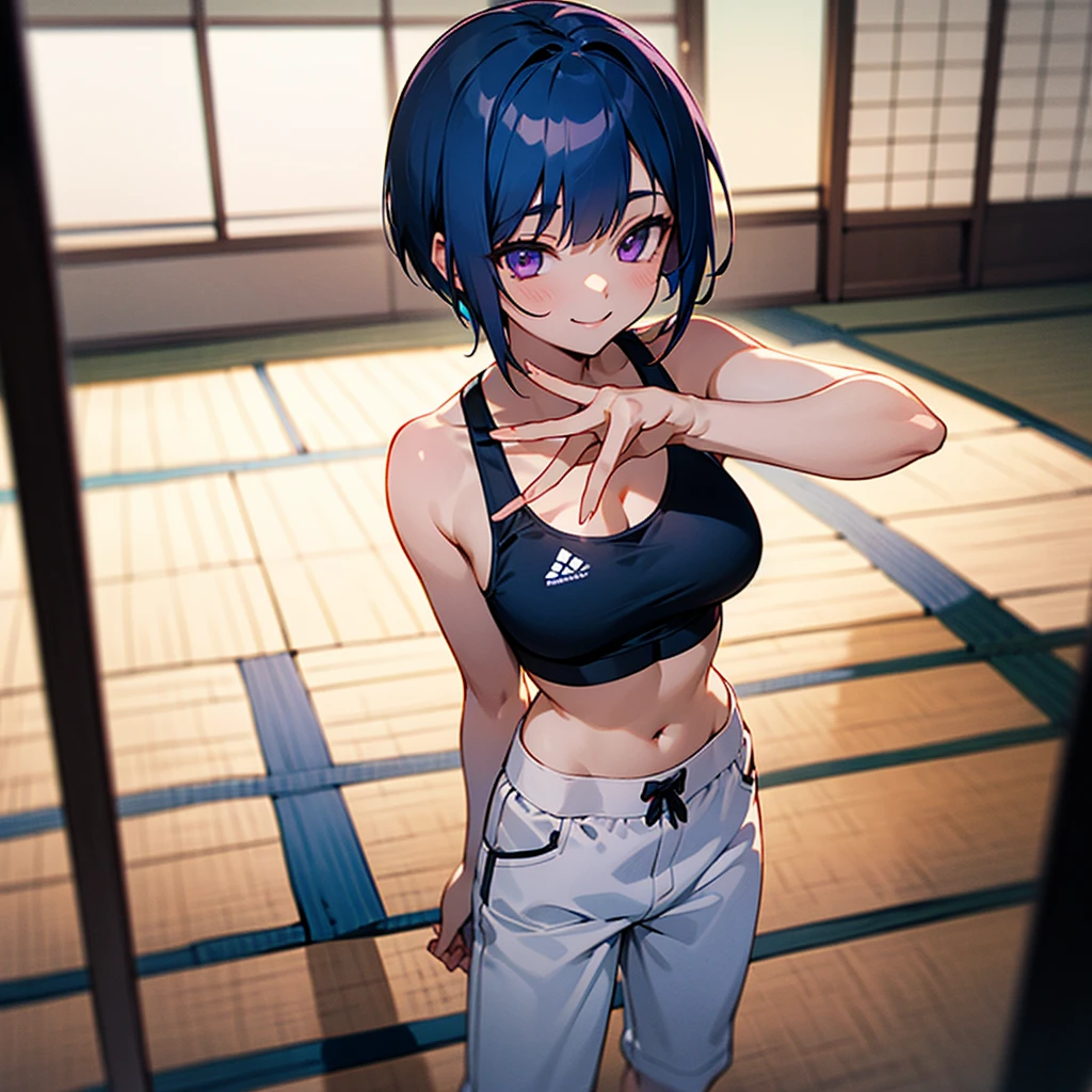 1girl, extremely detailed, intricate detail, short hair, dark blue hair, blue sports bra, white martial arts pants, purple eyes, smiling, tatami mats in background, standing, bare feet, best quality