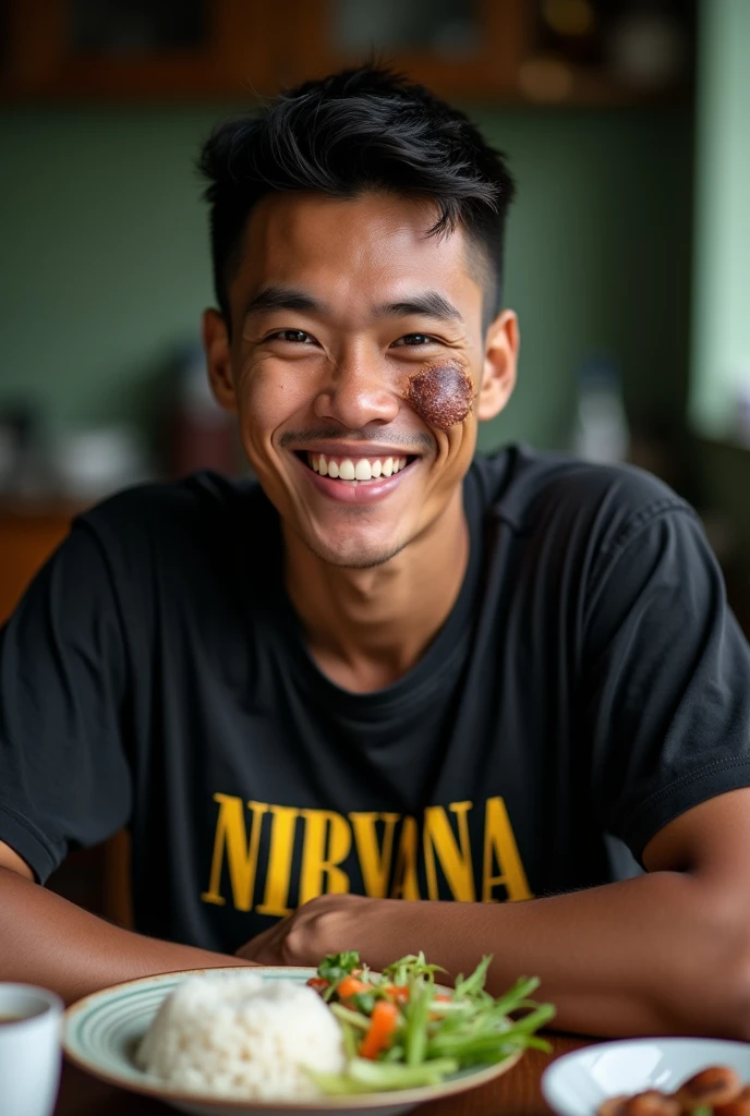real photo. young man Indonesian face. wearing a black nirvana t-shirt. smile. blue face bruised as if he had been beaten. having breakfast with side dishes of rice and vegetables at the dining table in the morning.Ultra-realistic 8K photograph, shot with a Leica Q2, strong color contrast and sharp clarity --quality 2 --