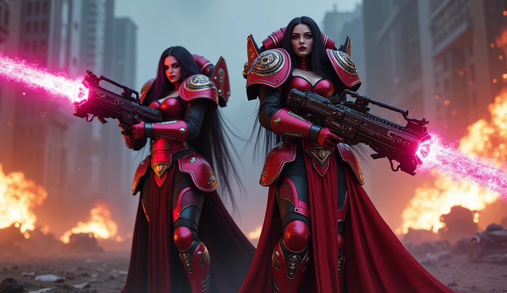 Full body pose sexy sisters of battle from the warhammer 40k, shooting at the enemy, red and black space marine armor with intricate details, religous symbols on the armor, sisters of battle, warhammer 40k, Massive silicone breast, pale skin, seductive, temptation, eat your soul, clevage, long flowing black hair with purple highlights, heavy gothic makeup, at night, neon, beautiful detailed eyes, beautiful detailed lips, extremely detailed eyes and face, long eyelashes, highly detailed armor, intricate futuristic weaponry, dramatic lighting, cinematic composition, muted color palette, gritty and realistic, mecha, science fiction, hyper-detailed, photorealistic, award winning digital art, 8k, HDR, masters work, in the middle of a battle field, full body combat action pose, explosions and fire around, full war, stunning, Stilleto heels, high heels, full body pose, cinematic, movie trailer, final stand!, nemesis, ready to strike, dust and debree, combat screams, attacking, shooting at the enemy, running forward, last line of defense, charging, fanatic, religious, templar knights, sisters of battle, warhammer 40k