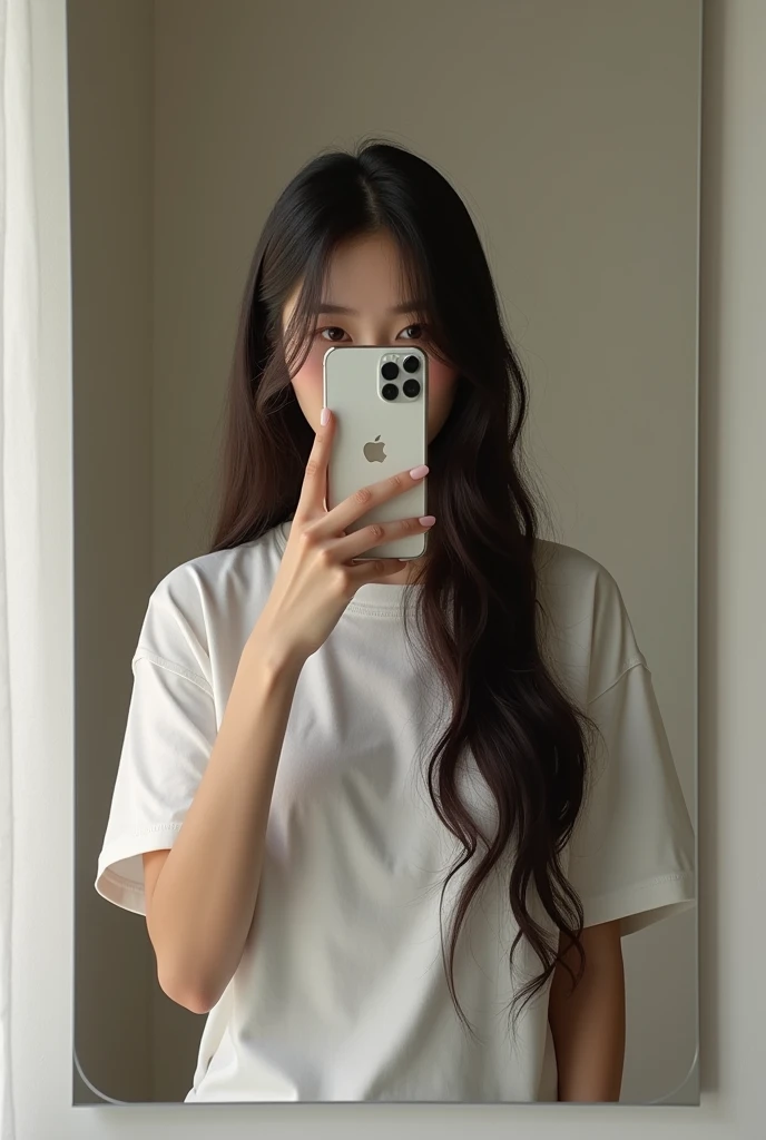 Woman taking a selfie in the mirror、Long Hair,The iPhone 12 Pro hides his entire face、I can't see your face、Beautiful woman、Full Body Shot、Wearing a t-shirt, japanese