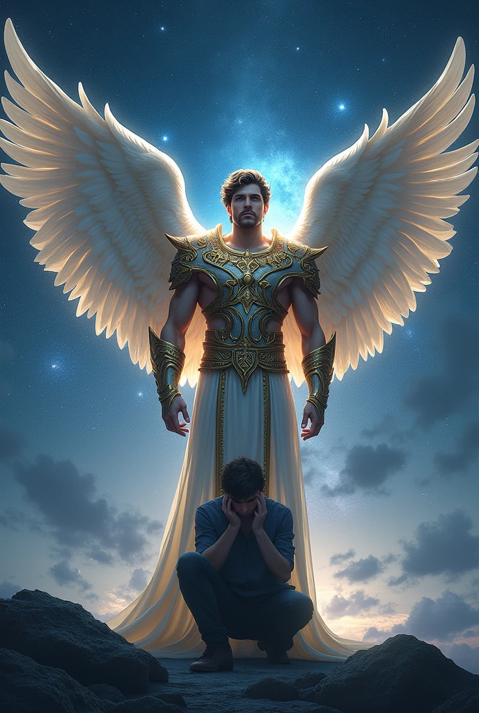 Male angel with open wings, without clipping the wings in the image, armour, and sword protecting a person with bowed head, with starry sky, natta.