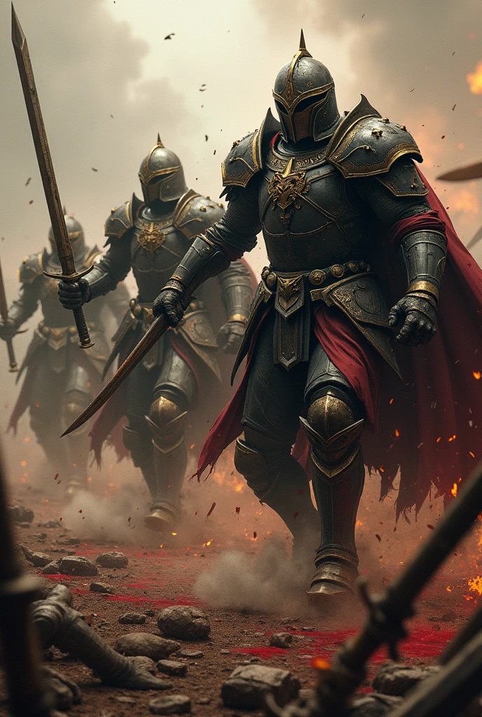 Iron Talon soldiers, clad in black and gold armor, butchering enemy soldiers that trying to escape without mercy.