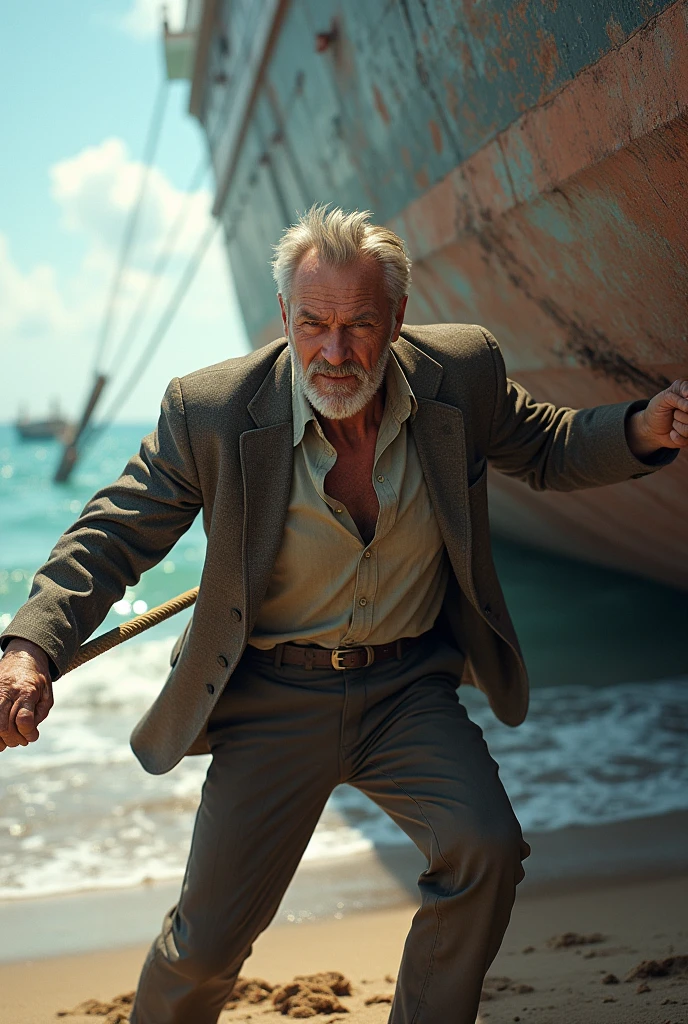 An aged businessman pulling  a petrol ship from sea with rope on shoulders 
