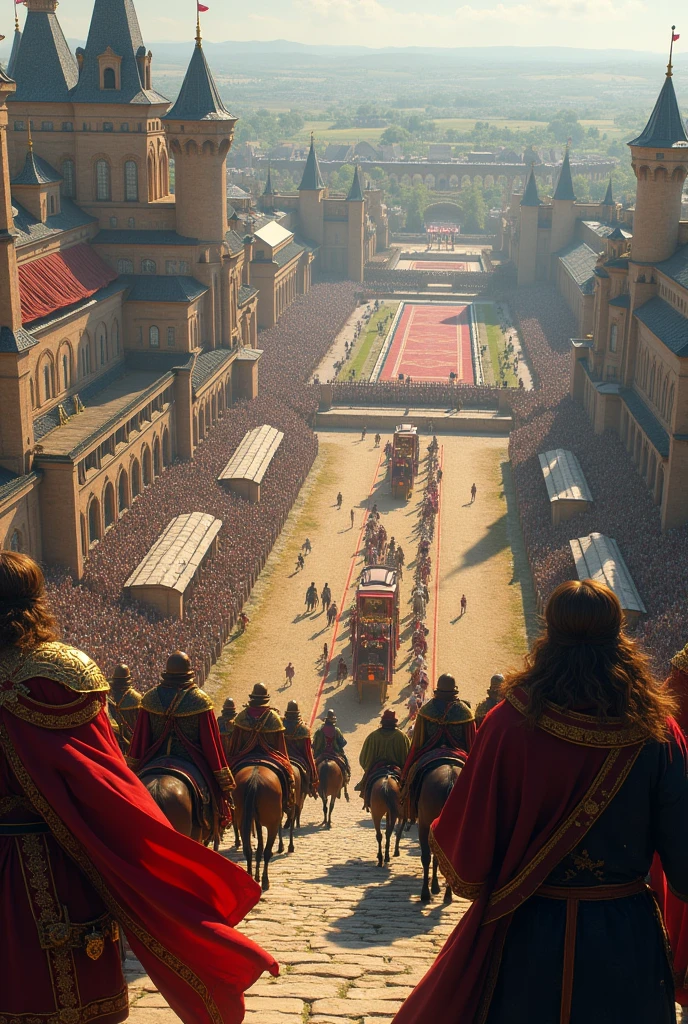 Hold a tournament seen from above with a medieval city in the background, create a royal caravan in the tournament