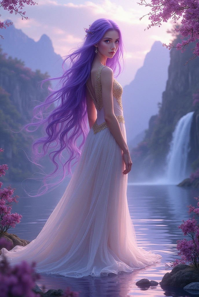 A girl long porple hear and porple eyes  and white and gold dress and dressing line porple with neture like a mountain and waterfall’ lake’ 