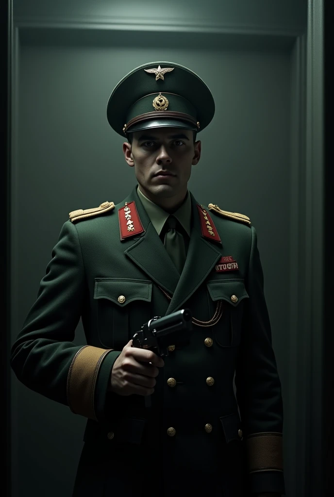 NKVD officer of the 1940s, military uniform, cap, Stern expression, holding a gun, in a dark room, dramatic lighting, cinematic, photorealistic, (Best quality,4K,8 thousand.,a high resolution,masterpiece:1.2),Ultra detailed,(realistic,photorealistic,photo-realistic:1.37),cinematic lighting,Dramatic chiaroscuro,moody atmosphere